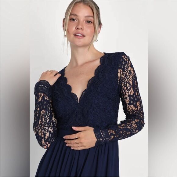Lulus Navy Blue Long Sleeve Lace Maxi Dress Size M Romantic Open Back A-Line - Picture 4 of 11